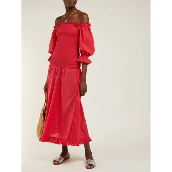 NWT Rhode Resort Eva Smocked Off-The-Shoulder Cotton Maxi Dress Red - Picture 15 of 15